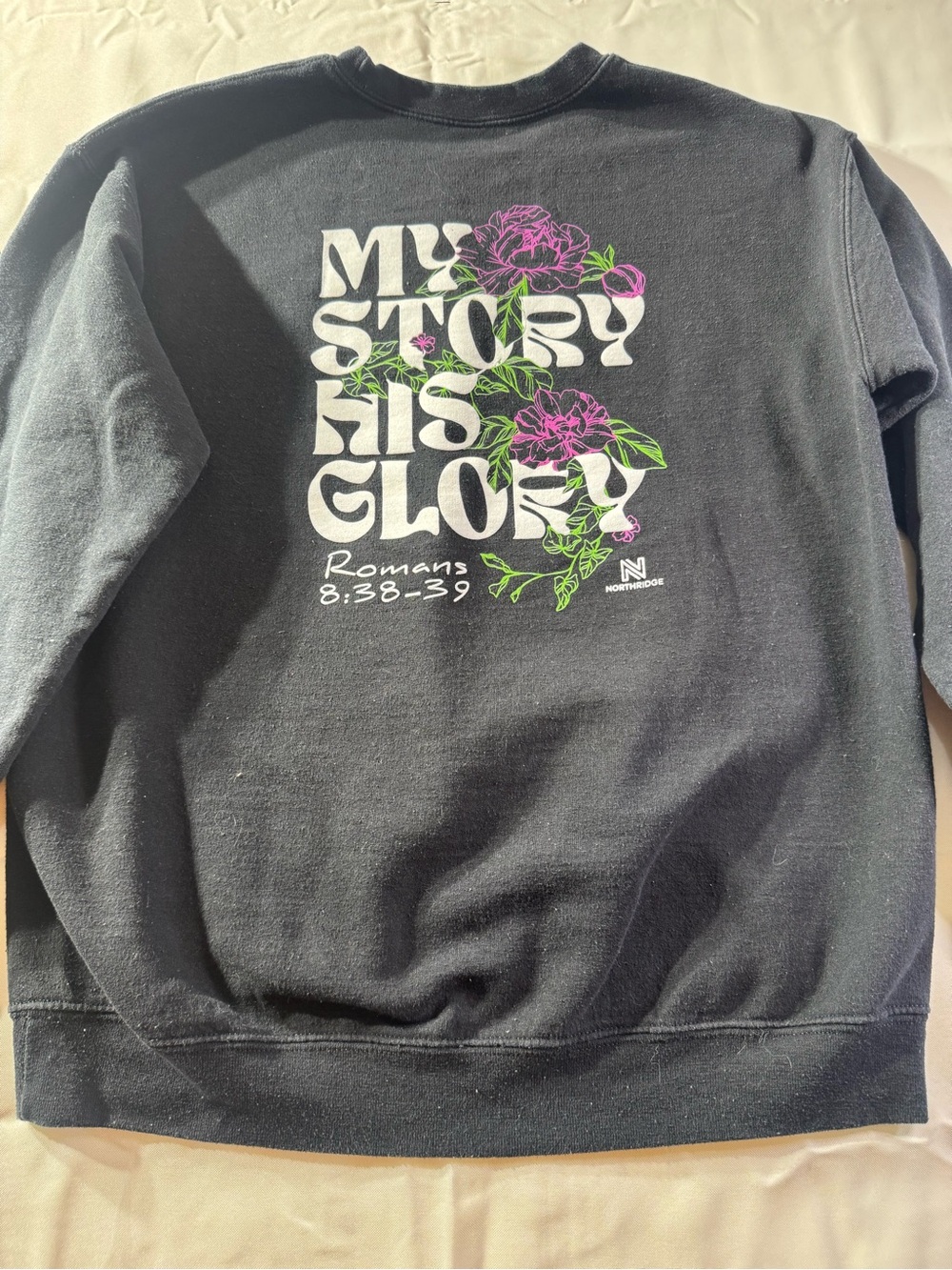 My Story His Glory Womens S/M Black Floral Graphic Sweatshirt